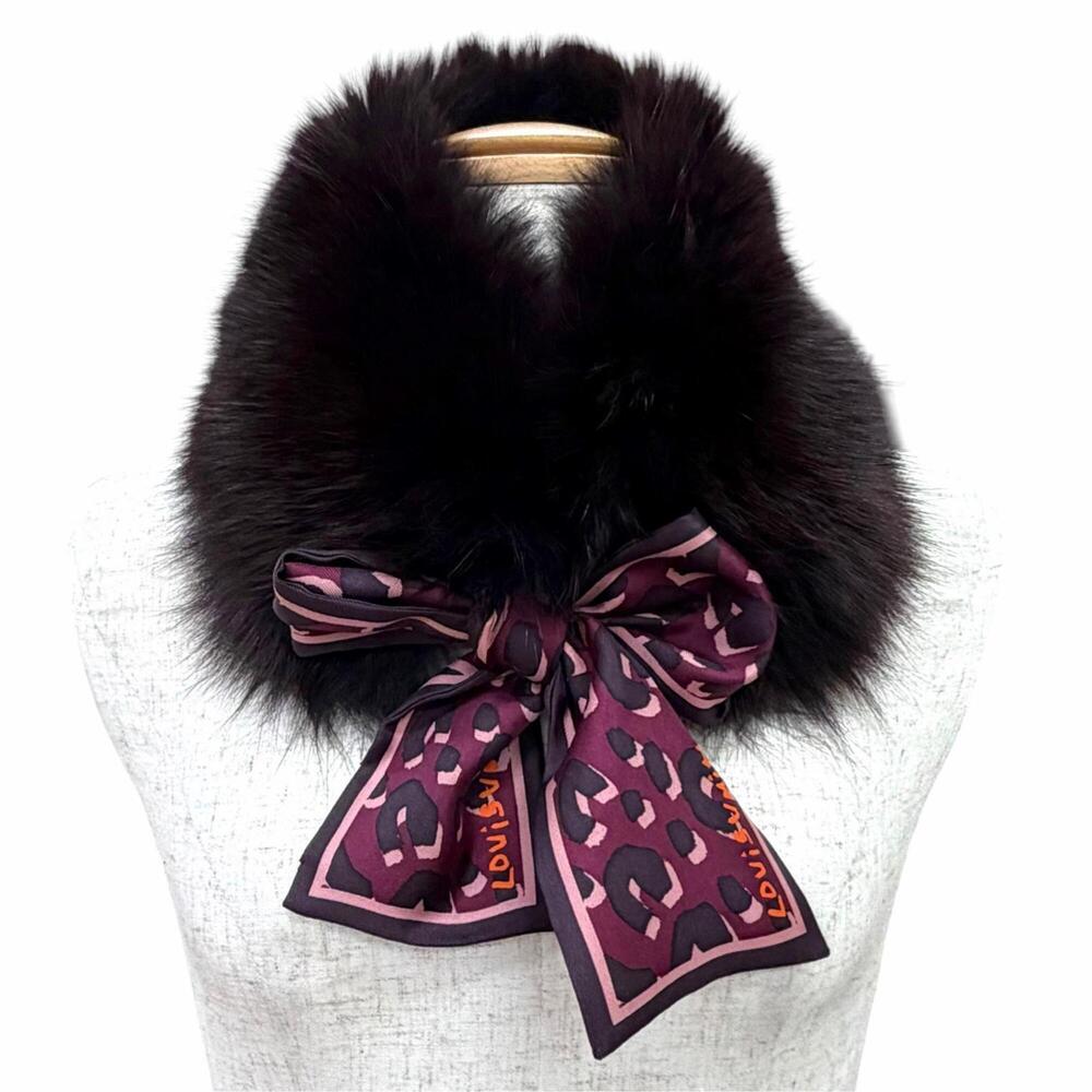 LOUIS VUITTON M75042 Bandeau Fleur Tippet Stole Scarf Fox Fur Silk Logo Leopa...